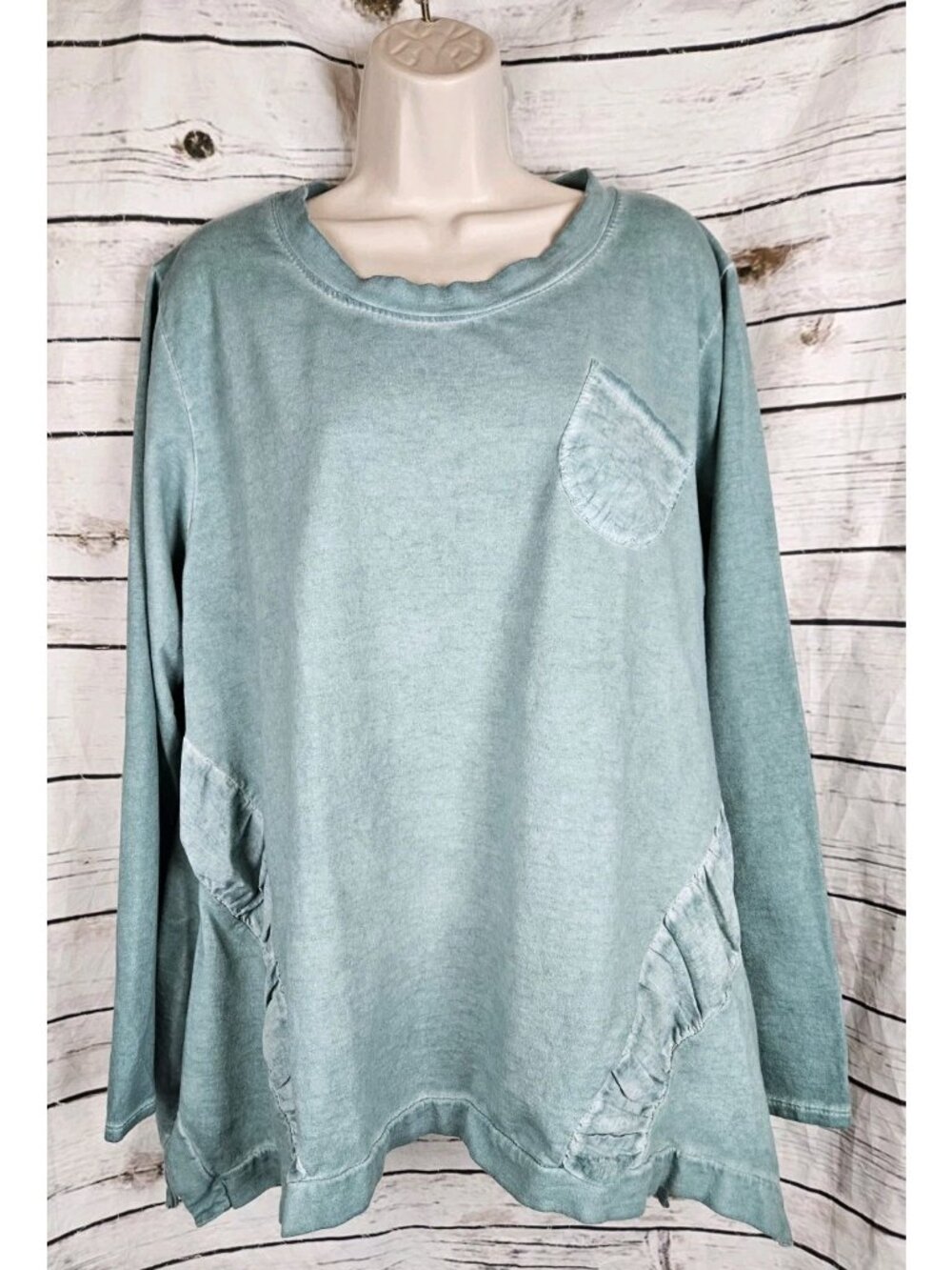 Diverse Italia Green Mineral Wash Knit Tunic Top XL Swing Lagenlook Ruching